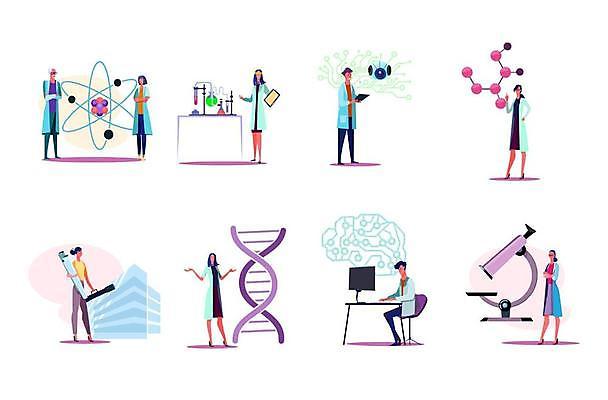 EPS 해외이미지 전신 여자 남자 의자 일러스트 현미경 실험 서기 앉기 여러명 성인 실험실 DNA 로봇 과학자 책상 플라스크 뇌 원자 이중나선구조 성인만 AI_인공지능 해외일러스트 직업 과학 가구 다수 모션 실험기구 사람 생명공학 학자 파일형식 벡터 이미지허브