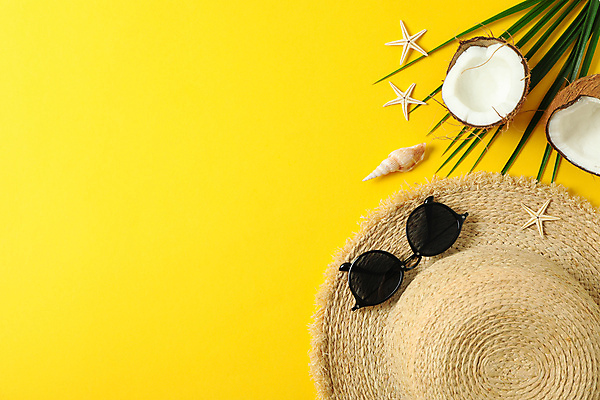 포토 JPG 해외이미지 스튜디오촬영 불가사리 사람없음 하이앵글 선글라스 소라 오브젝트 밀짚모자 코코넛 야자수잎 카피스페이스 해외포토 모자_잡화 안경 뷰포인트 잎 과일 어패류 극피동물 실내 공백 파일형식 이미지허브 이미지허브