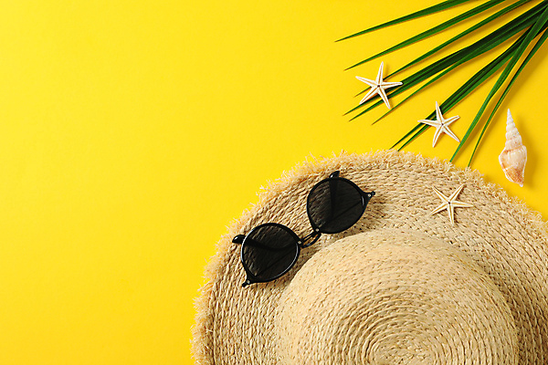 포토 JPG 해외이미지 스튜디오촬영 불가사리 사람없음 선글라스 소라 오브젝트 밀짚모자 야자수잎 카피스페이스 해외포토 모자_잡화 안경 잎 어패류 극피동물 실내 공백 파일형식 이미지허브 이미지허브