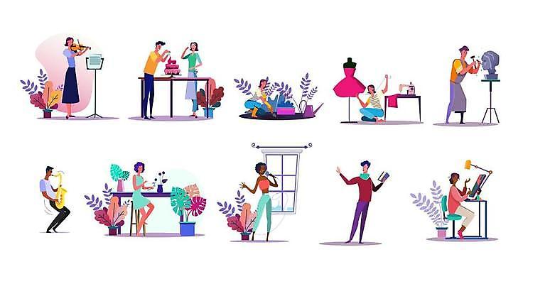 EPS 해외이미지 직업 라이프스타일 여자 남자 일러스트 들기 여러명 성인 책 연주자 음악가 가수 못 실 망치 마네킹 색소폰 패션디자이너 바이올린 마이크 예술가 화가 재단사 일러스트레이터 제빵사 조각가 성인만 해외일러스트 음악 음향기기 다수 모션 현악기 사람 생활 공구 디자이너 목관악기 파일형식 벡터 이미지허브