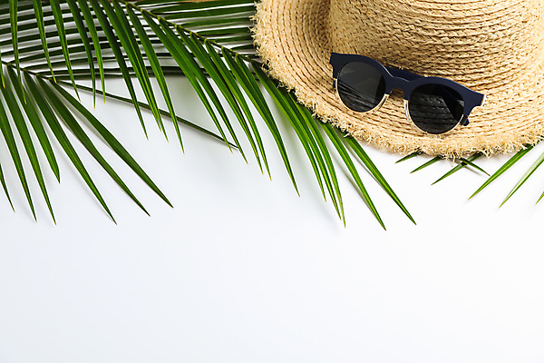 포토 JPG 해외이미지 스튜디오촬영 사람없음 하이앵글 선글라스 오브젝트 밀짚모자 야자수잎 카피스페이스 해외포토 모자_잡화 안경 뷰포인트 잎 실내 공백 파일형식 이미지허브 이미지허브
