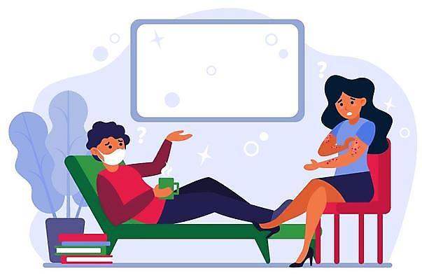 EPS 해외이미지 전신 커플 여자 남자 일러스트 스트레스 마스크 앉기 성인 두명 눕기 바이러스 피부 문제 피부병 성인만 해외일러스트 관계 모션 사람 신체부위 피부질환 파일형식 벡터 이미지허브