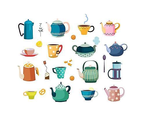EPS 해외이미지 커피 일러스트 주전자 주방용품 사람없음 쿠키 주방 찻잔 찻주전자 레몬 허브 티백 브레첼 해외일러스트 식물 음료 생활용품 과일 디저트 잔 차_음료 파일형식 벡터 이미지허브