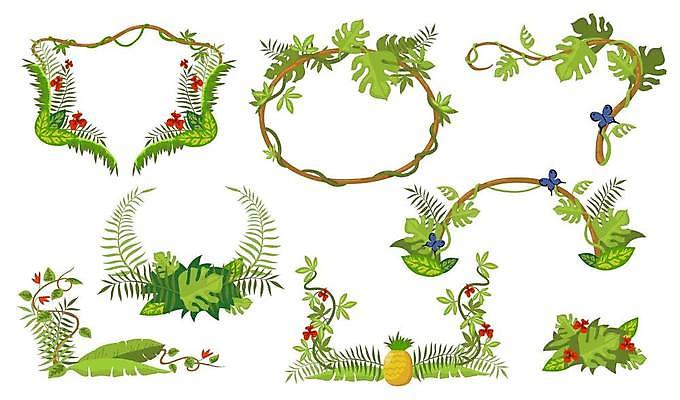 EPS 해외이미지 꽃 나비 일러스트 프레임 사람없음 초록색 원형 덩굴 파인애플 야자수잎 해외일러스트 도형 식물 컬러 곤충 잎 과일 열대과일 파일형식 벡터 이미지허브