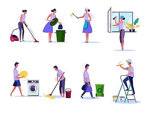 EPS 해외이미지 전신 여자 남자 화분 일러스트 사다리 창문 서기 들기 여러명 성인 걷기 청결 쓰레기통 붓 먼지떨이 청소 버리기 양동이 청소기 닦기 분리수거함 쓰레기봉투 대걸레 드럼세탁기 먼지털기 성인만 해외일러스트 다수 모션 봉투 사람 전자제품 도구 위생 청소도구 세탁기 수거함 파일형식 벡터 이미지허브