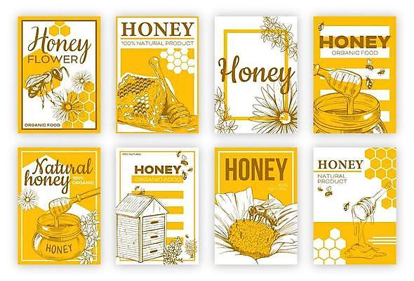 EPS 해외이미지 꽃 포스터 일러스트 사람없음 노란색 꿀벌 꿀 벌집 꿀단지 벌꿀 양봉 허니디퍼 허니콤 해외일러스트 모양 식물 컬러 도구 벌_곤충 파일형식 벡터 이미지허브