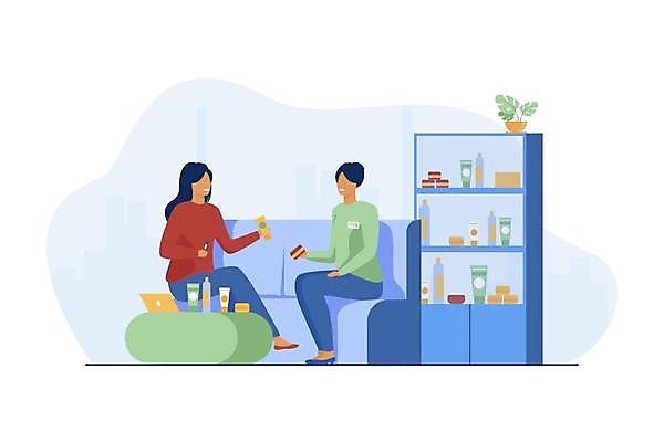 EPS 해외이미지 전신 여자 화초 일러스트 책장 앉기 성인 두명 파란색 소파 뷰티 화장품 화려 서비스 컨설턴트 성인여자만 해외일러스트 식물 컬러 가구 컨셉 의자 모션 사람 전문직 상담 여자만 성인만 파일형식 벡터 이미지허브