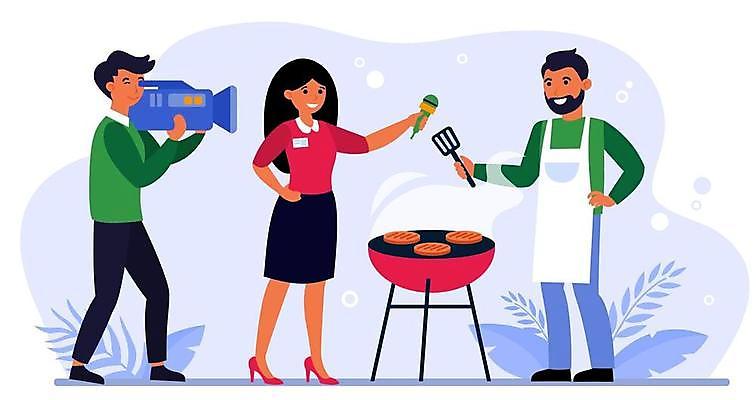 EPS 해외이미지 전신 여자 남자 행복 일러스트 육류 스테이크 요리 서기 미소 들기 성인 세명 카메라 요리사 기자 그릴 바비큐 카메라맨 마이크 방송 리포터 인터뷰 성인만 해외일러스트 직업 감정 음식 음향기기 식재료 모션 주방용품 서양음식 표정 사람 전자제품 사진사 파일형식 벡터 이미지허브