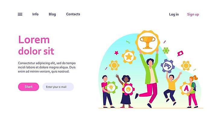 EPS 해외이미지 전신 디자인 여자 남자 어린이 일러스트 들기 소년 여러명 성인 홈페이지 손들기 만세 우승 트로피 해외일러스트 다수 모션 사람 최고 상_우승 파일형식 벡터 이미지허브