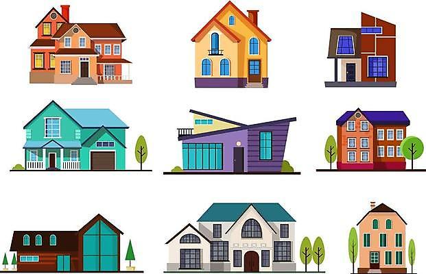 EPS 해외이미지 나무 일러스트 주택 종류 사람없음 건물 다양 스타일 해외일러스트 식물 건축물 다수 파일형식 벡터 이미지허브