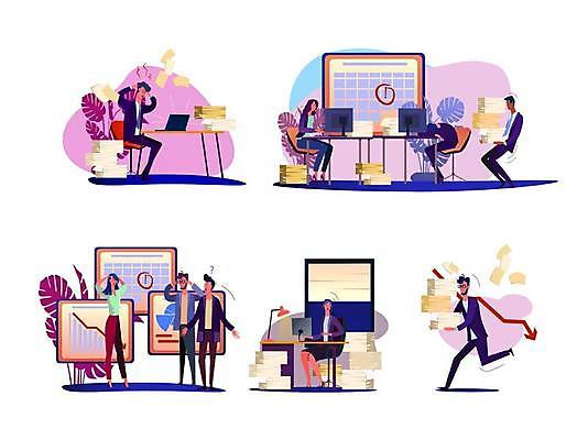 EPS 해외이미지 여자 남자 일러스트 비즈니스 서기 들기 앉기 여러명 성인 사무실 업무 비즈니스맨 비즈니스우먼 서류뭉치 성인만 해외일러스트 다수 모션 사람 작업 직장인 문서 파일형식 벡터 이미지허브