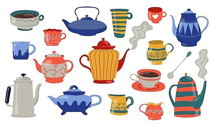 EPS 해외이미지 커피 일러스트 주전자 주방용품 잔 사람없음 컵 머그컵 찻잔 티스푼 찻주전자 해외일러스트 식기 음료 생활용품 숟가락 파일형식 벡터 이미지허브