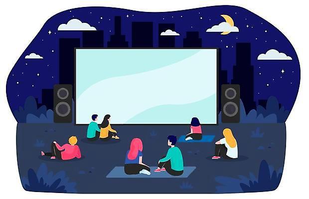 EPS 해외이미지 커플 응시 공원 여자 남자 별 일러스트 휴식 앉기 여러명 야외 눕기 스크린 야간 초승달 영화 돗자리 성인만 야외극장 해외일러스트 자연요소 시선 공공시설 다수 컨셉 관계 모션 문화예술 사람 달 극장 파일형식 벡터 이미지허브