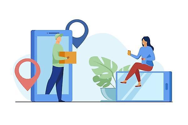 EPS 해외이미지 여자 남자 인터넷 일러스트 모바일 들기 스마트폰 배달원 고객 온라인쇼핑 모바일쇼핑 온라인 택배상자 비대면쇼핑 언택트 온택트 해외일러스트 직업 모션 사람 핸드폰 스마트기기 쇼핑 상자 택배 파일형식 벡터 이미지허브