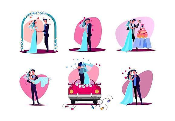 EPS 해외이미지 커플 여자 남자 행복 결혼 일러스트 안기 결혼식 성인 하트 축하 웨딩케이크 웨딩카 성인만 웨딩아치 해외일러스트 모양 감정 컨셉 관계 모션 자동차 사람 이벤트 케이크 결혼소품 파일형식 벡터 이미지허브