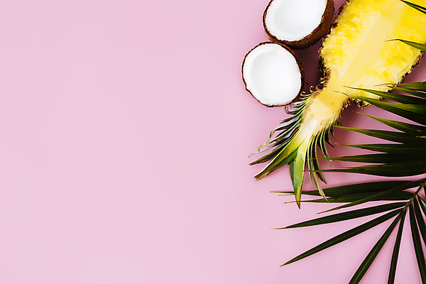 포토 JPG 해외이미지 스튜디오촬영 단면 사람없음 하이앵글 파인애플 오브젝트 코코넛 야자수잎 카피스페이스 해외포토 뷰포인트 잎 과일 실내 공백 열대과일 파일형식 이미지허브 이미지허브