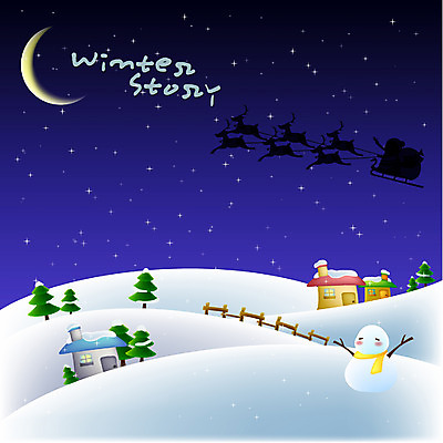 EPS 사계절 계절 기념일 크리스마스장식 크리스마스 겨울 일러스트 눈사람 크리스마스용품 주택 풍경 사람없음 야외 산타클로스 마을 달 눈 야간 초승달 오브젝트 썰매 국내일러스트 자연요소 날씨 이벤트 건물 용품 파일형식 벡터