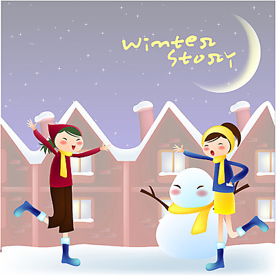 EPS 사계절 계절 여자 남자 어린이 크리스마스 겨울 일러스트 눈사람 주택 사람 풍경 야외 두명 친구 마을 달 눈 야간 초승달 어린이만 국내일러스트 자연요소 기념일 관계 날씨 건물 파일형식 벡터