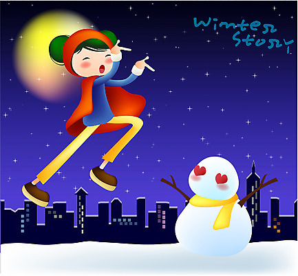 EPS 사계절 계절 여자 초등학생 어린이 겨울 야경 일러스트 눈사람 한명 사람 소녀 달 눈 도시 여자만 여자한명만 어린이만 소녀만 소녀한명만 국내일러스트 자연요소 1 학생 날씨 야간 파일형식 벡터 풍경_경치