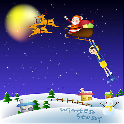 EPS 사계절 계절 여자 기념일 남자 크리스마스 겨울 일러스트 눈사람 주택 사람 풍경 야외 두명 산타클로스 루돌프 달 눈 야간 썰매 국내일러스트 자연요소 날씨 사슴 이벤트 건물 파일형식 벡터