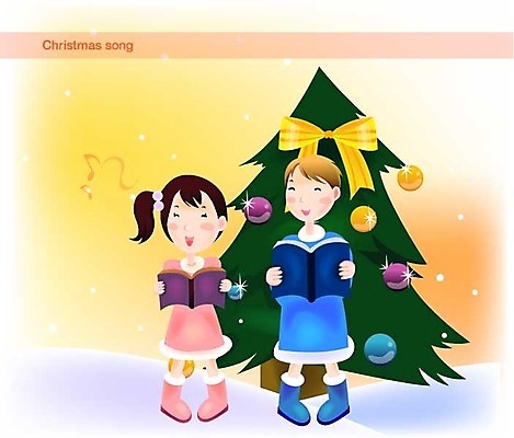 EPS 계절 여자 기념일 남자 어린이 크리스마스 겨울 일러스트 실내 사람 소녀 소년 두명 크리스마스트리 찬송가 개구쟁이 찬양 캐럴 어린이만 국내일러스트 노래 이벤트 내부 파일형식 벡터