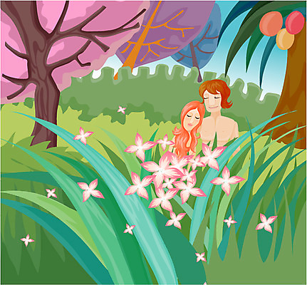 EPS 주간 나무 여자 남자 기독교 종교 일러스트 자연 사람 풍경 상반신 야외 두명 숲 아담 이브 국내일러스트 자연요소 식물 생태계 파일형식 벡터