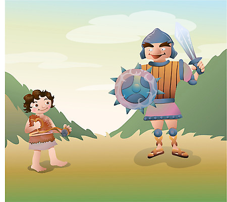 EPS 주간 전신 남자 기독교 종교 어린이 일러스트 서기 사람 소년 성인 야외 두명 칼 갑옷 다윗 다윗과골리앗 남자만 국내일러스트 자연요소 모션 보호장비 파일형식 벡터