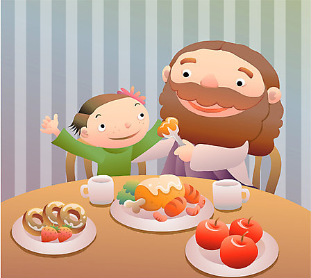 EPS 남자 기독교 종교 어린이 음식 일러스트 식탁 탁자 실내 사람 소년 상반신 두명 식사 예수 나눔 남자만 소년만 국내일러스트 가구 내부 신_종교 어린이만 파일형식 벡터