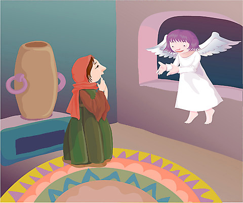 EPS 전신 여자 기독교 종교 일러스트 천사 실내 서기 사람 두명 방 야간 마리아 여자만 국내일러스트 자연요소 모션 내부 파일형식 벡터