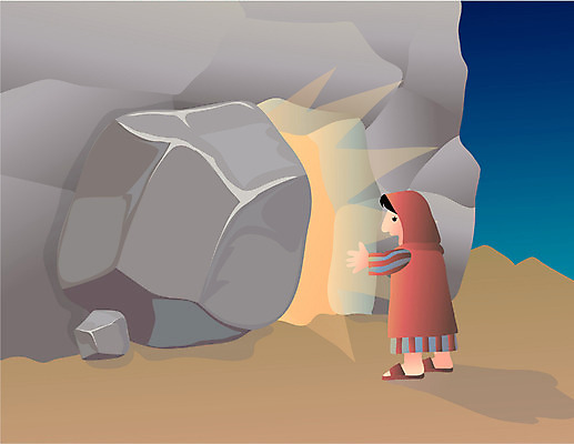 EPS 전신 여자 남자 기독교 종교 일러스트 한명 서기 사람 20대 성인 야외 빛 돌_바위 바위 무덤 동굴 마리아 돌무덤 청년만 성인만 국내일러스트 1 모션 청년 파일형식 벡터