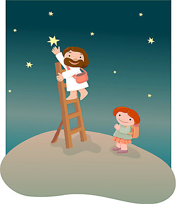 EPS 여자 남자 별 기독교 종교 어린이 일러스트 사람 소녀 야외 두명 예수 야간 별따기 국내일러스트 자연요소 신_종교 파일형식 벡터