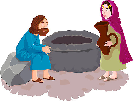 EPS 전신 여자 남자 기독교 종교 일러스트 사람 야외 두명 예수 물병 우물 국내일러스트 신_종교 물통 파일형식 벡터