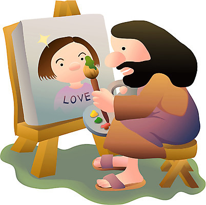 EPS 전신 직업 남자 기독교 종교 일러스트 사랑 한명 사람 앉기 20대 성인 예수 이젤 그림 화가 미술가 청년만 성인만 국내일러스트 1 감정 모션 청년 미술도구 신_종교 예술가 파일형식 벡터