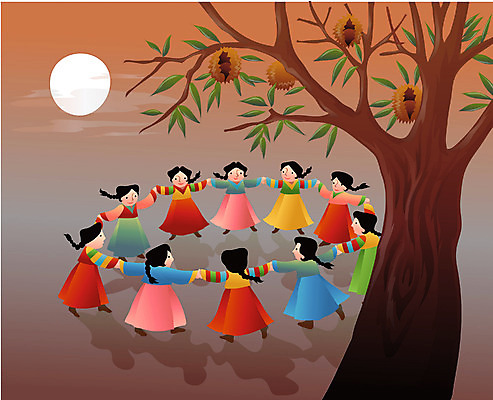 EPS 한국문화 한국전통 사계절 계절 여자 패션 일러스트 사람 여러명 유행 전통놀이 가을 전통의상 한복 강강술래 술래 여자만 국내일러스트 동양문화 전통 다수 놀이 한국 파일형식 벡터