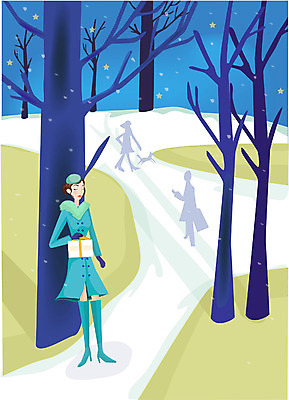 공원 공공시설 여자 커피 크리스마스 겨울 일러스트 거리 선물 사람 쇼핑백 눈 여자만 국내일러스트 자연요소 계절 기념일 음료 가방 날씨 시설