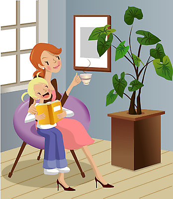EPS 여자 어린이교육 교육 남자 어린이 일러스트 가족 엄마 휴식 실내 사람 소녀 두명 책 독서 관엽식물 국내일러스트 식물 컨셉 관계 내부 파일형식 벡터