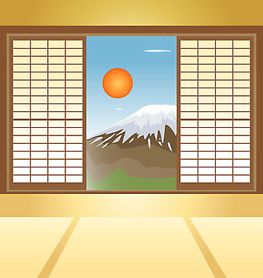 EPS 주간 외국문화 일본문화 일러스트 하늘 실내 풍경 사람없음 태양 문 일출 일본 일몰 방 후지산 다다미 다다미방 미닫이문 국내일러스트 자연요소 동양문화 아시아 문화 산 내부 노을 세계문화유산 파일형식 벡터