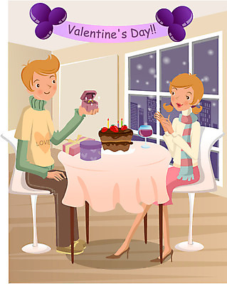 EPS 커플 여자 기념일 남자 어린이 일러스트 탁자 실내 발렌타인데이 선물 사랑 사람 이벤트 두명 케이크 레스토랑 로맨틱 반지 어린이만 국내일러스트 감정 가구 컨셉 장신구 관계 데이이벤트 디저트 내부 식당 파일형식 벡터