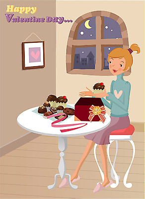 EPS 여자 기념일 일러스트 포장 탁자 실내 발렌타인데이 선물 사랑 한명 사람 20대 성인 초콜릿 야간 여자만 여자한명만 성인여자만 청년만 청년여자만 성인한명만 청년여자한명만 성인여자한명만 성인만 국내일러스트 자연요소 1 감정 가구 데이이벤트 디저트 이벤트 청년 내부 파일형식 벡터
