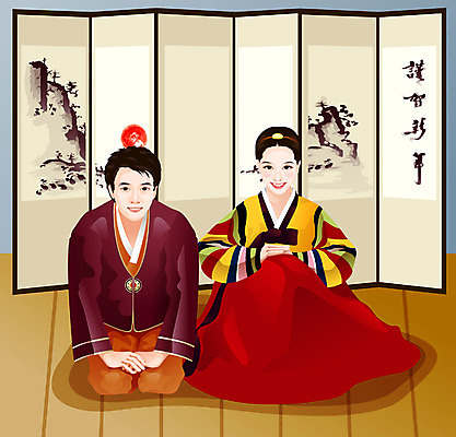 EPS 커플 사계절 계절 여자 명절 남자 겨울 일러스트 근하신년 새해 실내 사람 두명 설날 전통의상 한복 병풍 색동저고리 국내일러스트 한국전통 전통 기념일 관계 내부 저고리 파일형식 벡터