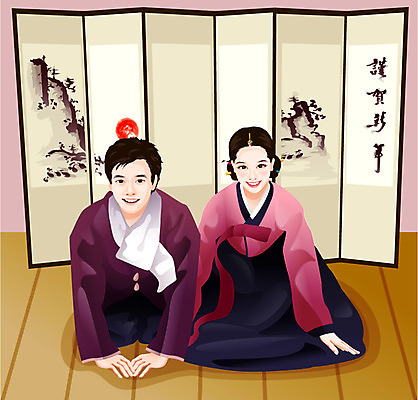 EPS 커플 사계절 계절 여자 명절 남자 겨울 일러스트 근하신년 새해 실내 사람 두명 설날 전통의상 한복 병풍 국내일러스트 한국전통 전통 기념일 관계 내부 파일형식 벡터