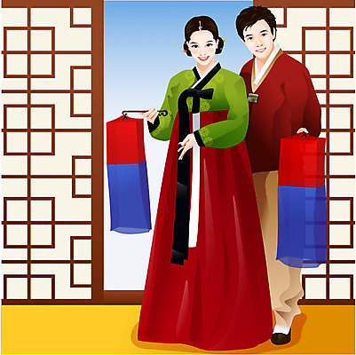EPS 커플 사계절 계절 여자 명절 남자 겨울 일러스트 새해 사람 두명 설날 전통의상 한복 청사초롱 국내일러스트 한국전통 전통 기념일 관계 초롱 파일형식 벡터