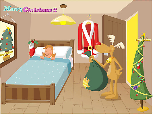 계절 기념일 남자 종교 크리스마스 겨울 일러스트 실내 선물 한명 사람 20대 성인 장식 크리스마스트리 산타클로스 방 루돌프 잠 수면 보따리 남자만 남자한명만 성인남자만 청년만 청년남자만 청년남자한명만 성인한명만 성인남자한명만 성인만 국내일러스트 1 사슴 이벤트 청년 내부 물
