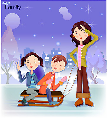 EPS 계절 여자 남자 행복 어린이 겨울 일러스트 가족 엄마 남매 사람 소녀 소년 야외 세명 눈 야간 썰매 빙판 국내일러스트 자연요소 감정 관계 날씨 파일형식 벡터