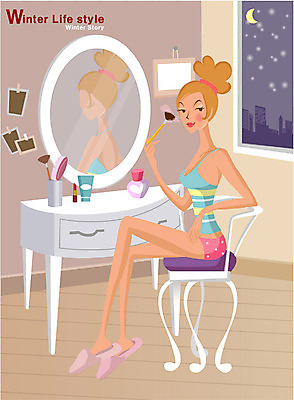 EPS 우먼라이프 라이프스타일 계절 여자 겨울 일러스트 날씨 실내 한명 사람 20대 성인 화장 뷰티 화장품 거울 방 눈 야간 화장대 여자만 여자한명만 성인여자만 청년만 청년여자만 성인한명만 청년여자한명만 성인여자한명만 성인만 국내일러스트 자연요소 1 가구 청년 내부 생활 파일형식 벡터