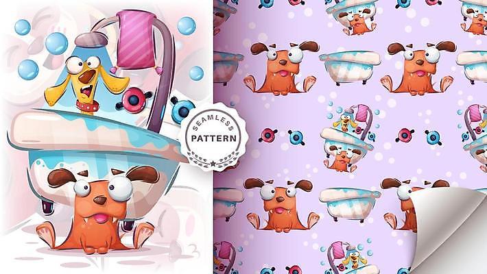 EPS 해외이미지 패턴 일러스트 욕조 사람없음 귀여움 물방울 씻기 개캐릭터 샤워기 해외일러스트 동물캐릭터 컨셉 무늬 청결 개 파일형식 벡터 이미지허브