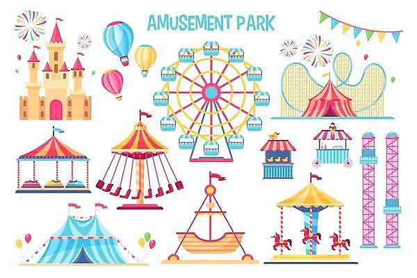 EPS 해외이미지 일러스트 사람없음 놀이공원 열기구 성 서커스 대관람차 회전목마 롤러코스터 가판대 바이킹 범퍼카 회전그네 해외일러스트 건축물 항공교통 테마파크 놀이기구 파일형식 벡터 이미지허브