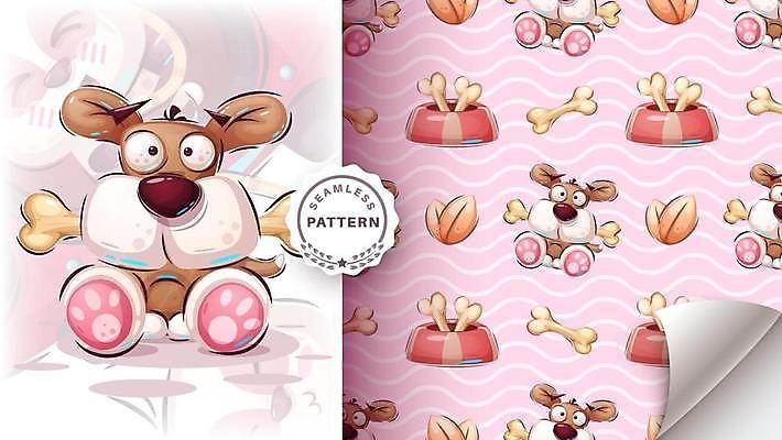 EPS 해외이미지 패턴 일러스트 사람없음 귀여움 개캐릭터 개밥그릇 개뼈다귀 해외일러스트 그릇 동물캐릭터 컨셉 무늬 개 애견용품 애견간식 파일형식 벡터 이미지허브