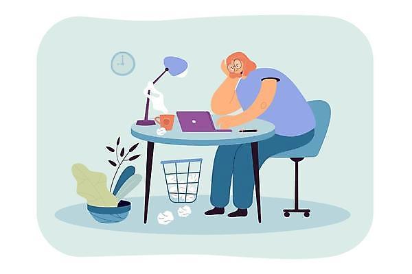 EPS 해외이미지 전신 여자 일러스트 피곤 한명 앉기 성인 노트북 턱괴기 쓰레기통 업무 비즈니스우먼 책상 바쁨 성인여자한명만 해외일러스트 1 가구 컨셉 비즈니스 모션 사람 전자제품 작업 직장인 여자한명만 성인여자만 파일형식 벡터 이미지허브