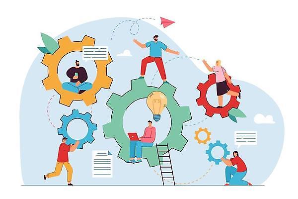 EPS 해외이미지 전신 여자 남자 말풍선 일러스트 전구 사다리 협력 서기 들기 앉기 여러명 성인 노트북 업무 운반 무릎꿇기 종이비행기 동료 톱니바퀴 성인만 해외일러스트 다수 관계 모션 사람 전자제품 도구 작업 종이접기 파일형식 벡터 이미지허브